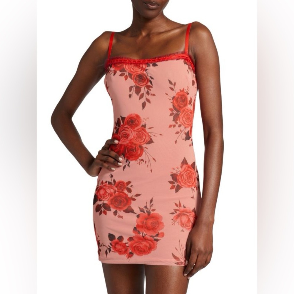 SSENSE GUIZIO Floral Mesh Bodycon Minidress Floral Lace Trim Pink and Red large